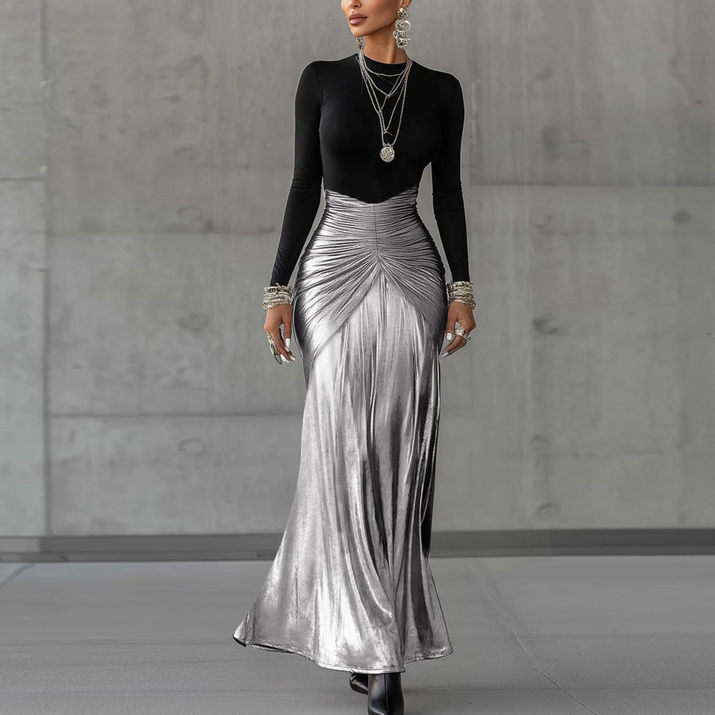 Robe d'hiver élégante et tendance pour femme, manches longues, taille cintrée à volants.