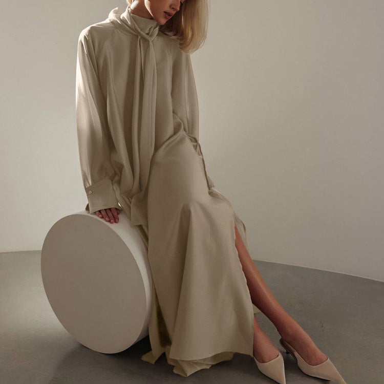 Robe femme à col montant et cravate, manches longues, fente latérale, coupe ample et décontractée