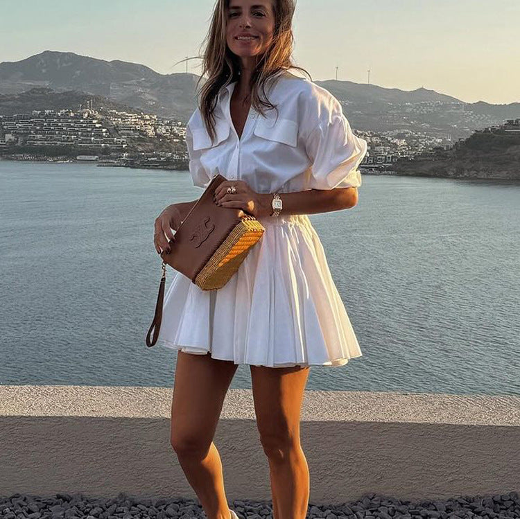 Robe chemise courte décontractée pour femme, en coton, à col et manches 3/4, style français.