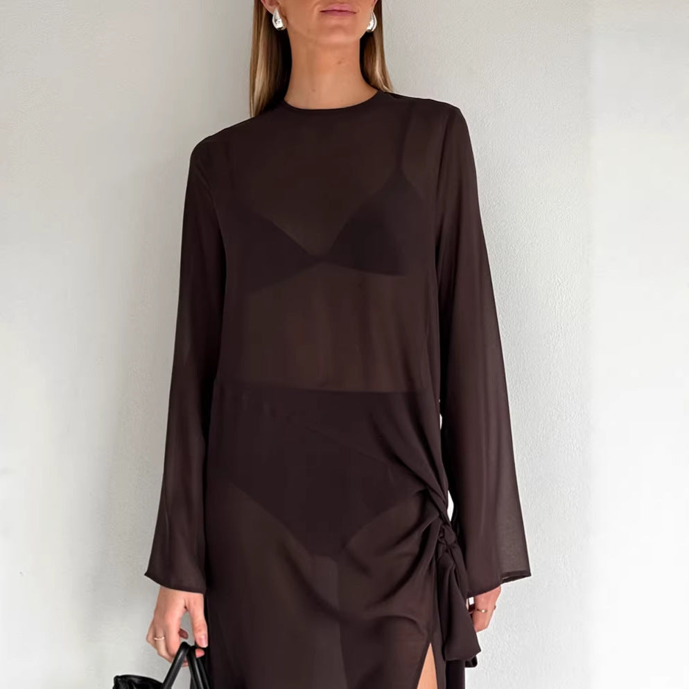 Spring Summer Arrival Mesh See through round Neck Long Sleeve Lace up Bow Split Dress Women