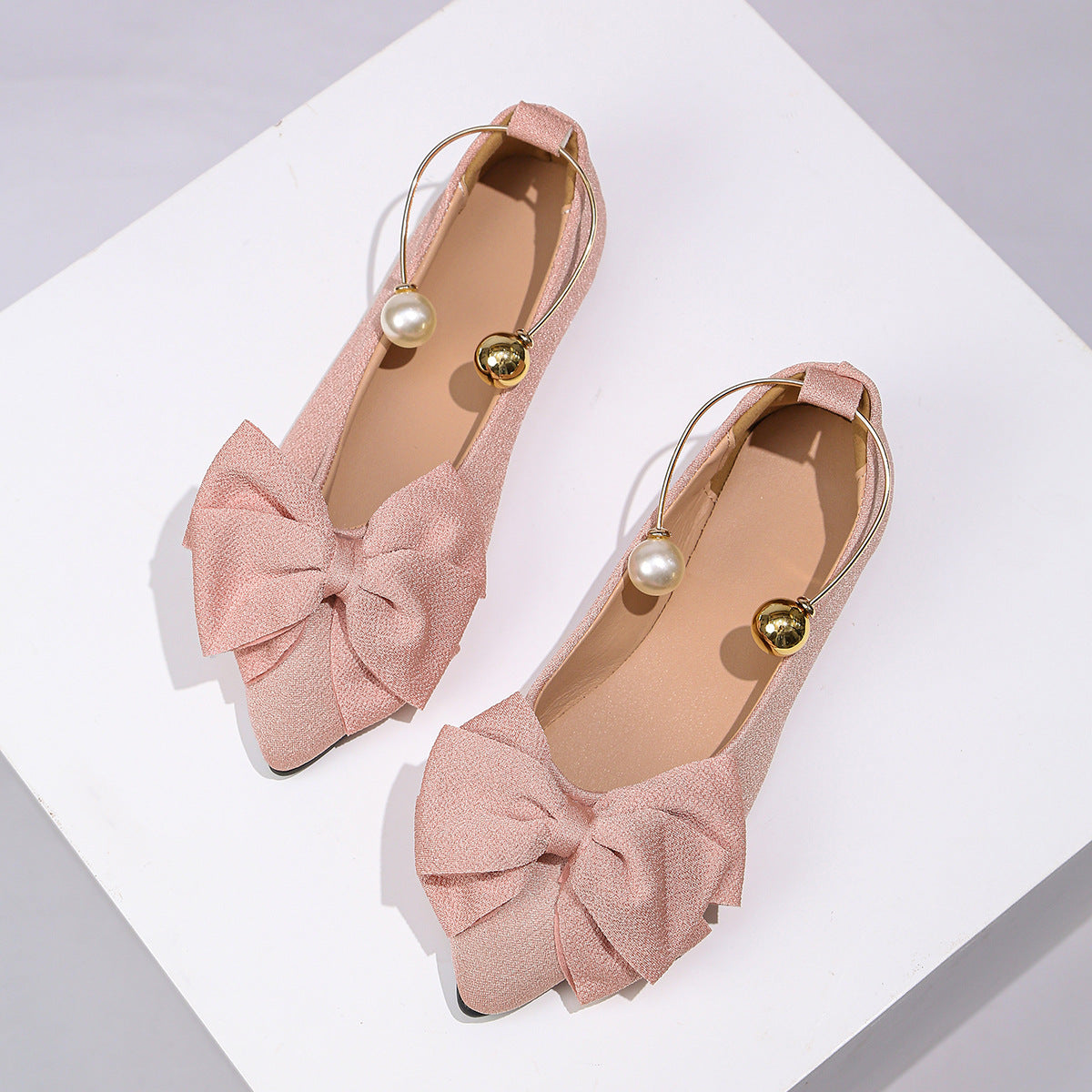 Metal Buckle Shallow Mouth Pumps Women Autumn Cloth Bow Pearl Four Seasons Work Shoes