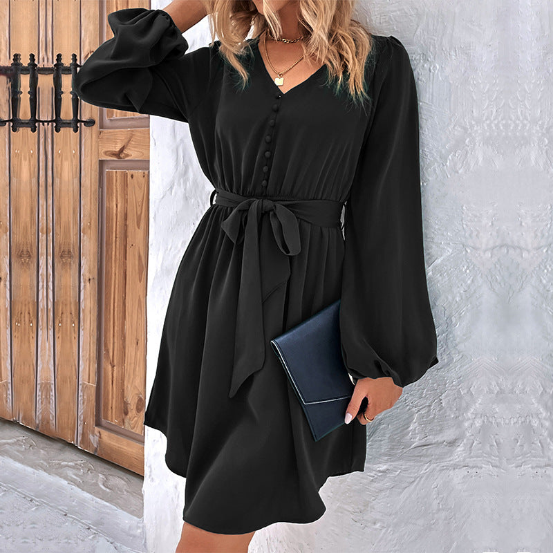 Vestido de manga larga con cuello en V y color liso para mujer de primavera