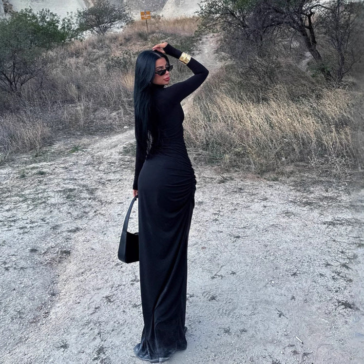 Autumn Stand Collar Long Sleeve Pleated Sexy Slit Hip Bag Dress Women