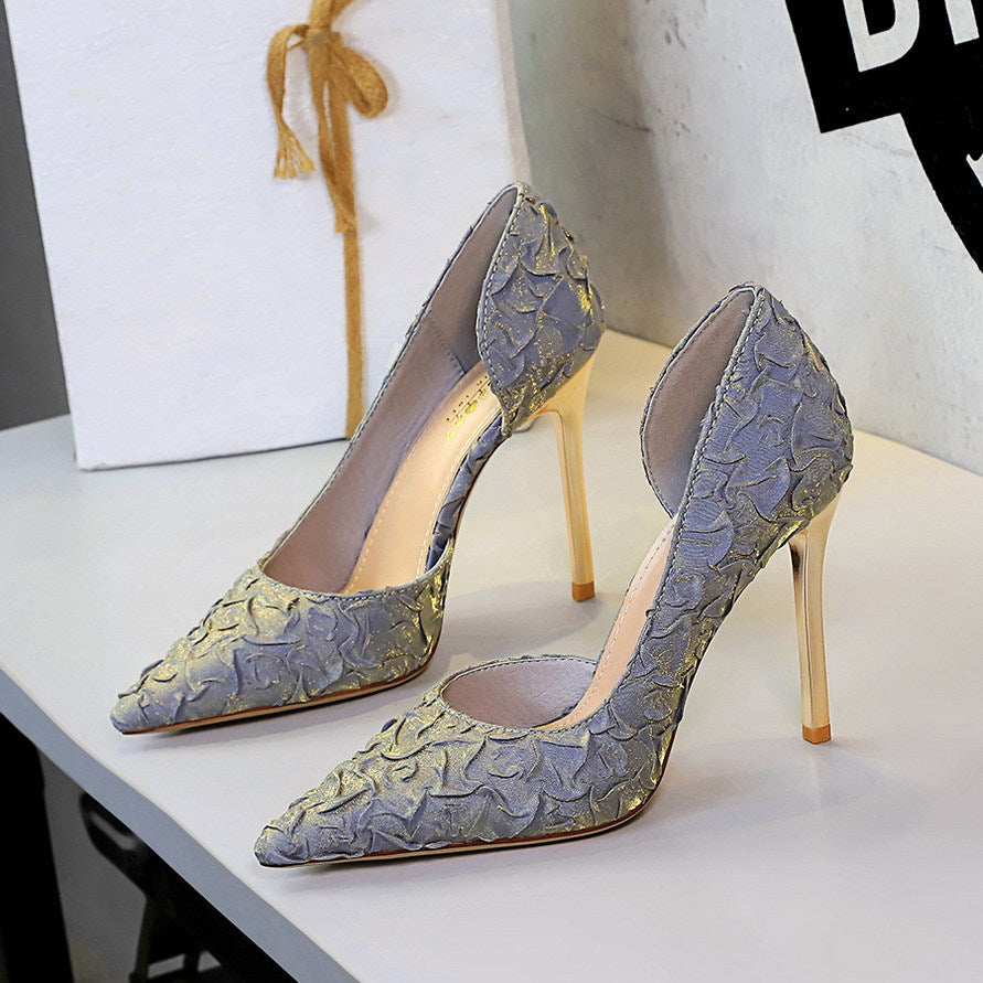 French Pleated Satin Elegant High Heels Women Slip on Evening Dress Pointed Toe Side Empty Pumps Women