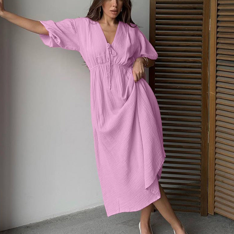 Robe longue trapèze en champray double épaisseur de coton pour femme, taille haute, col V, manches bouffantes, lacets.