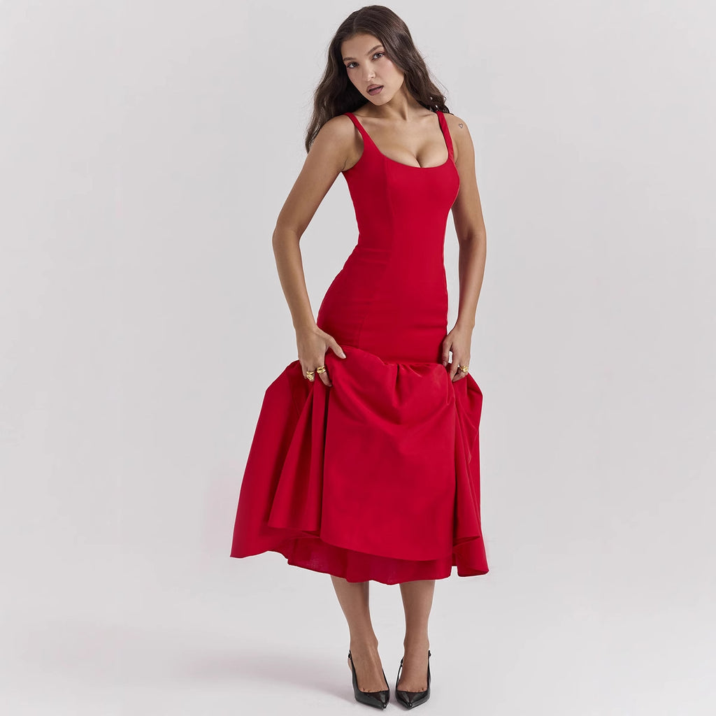Robe d'été élégante à col carré, coupe fourreau, taille cintrée et bretelles sirène pour femme.