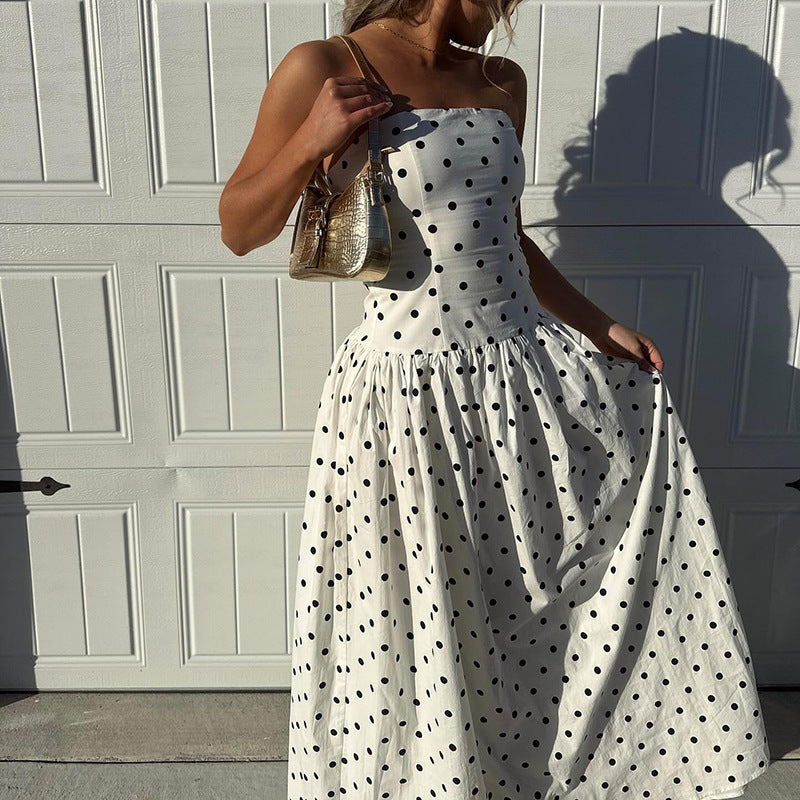 Robe élégante française d'automne cintrée à pois et taille marquée