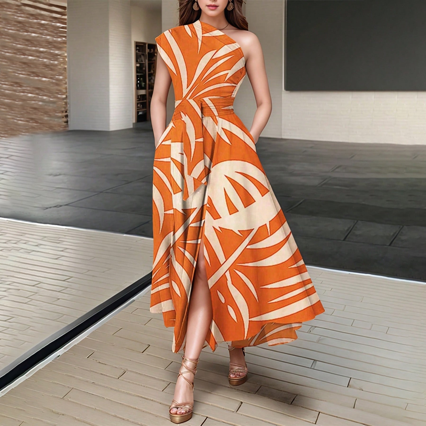 Women Wear Printed Dress One Shoulder Sleeveless Dress