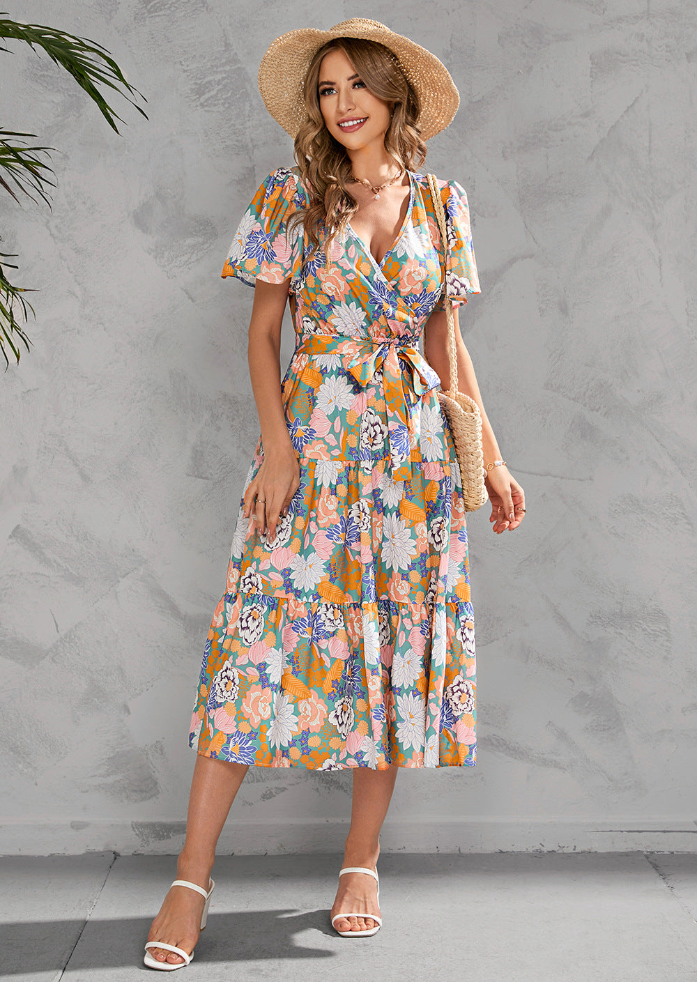 Women Clothing Summer Printed V-neck Tight Waist Mid-Length Short Sleeve Dress Tiered Dress