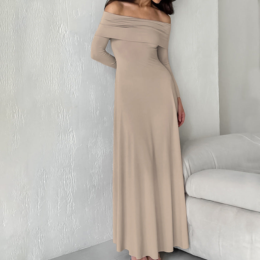 Vestido de otoño de punto cepillado francés, ajustado, con cuello descubierta y cintura alta