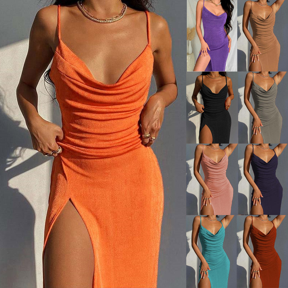 Women Wear Spring Elegant Sexy Glossy Knitted Slit Strap Dress