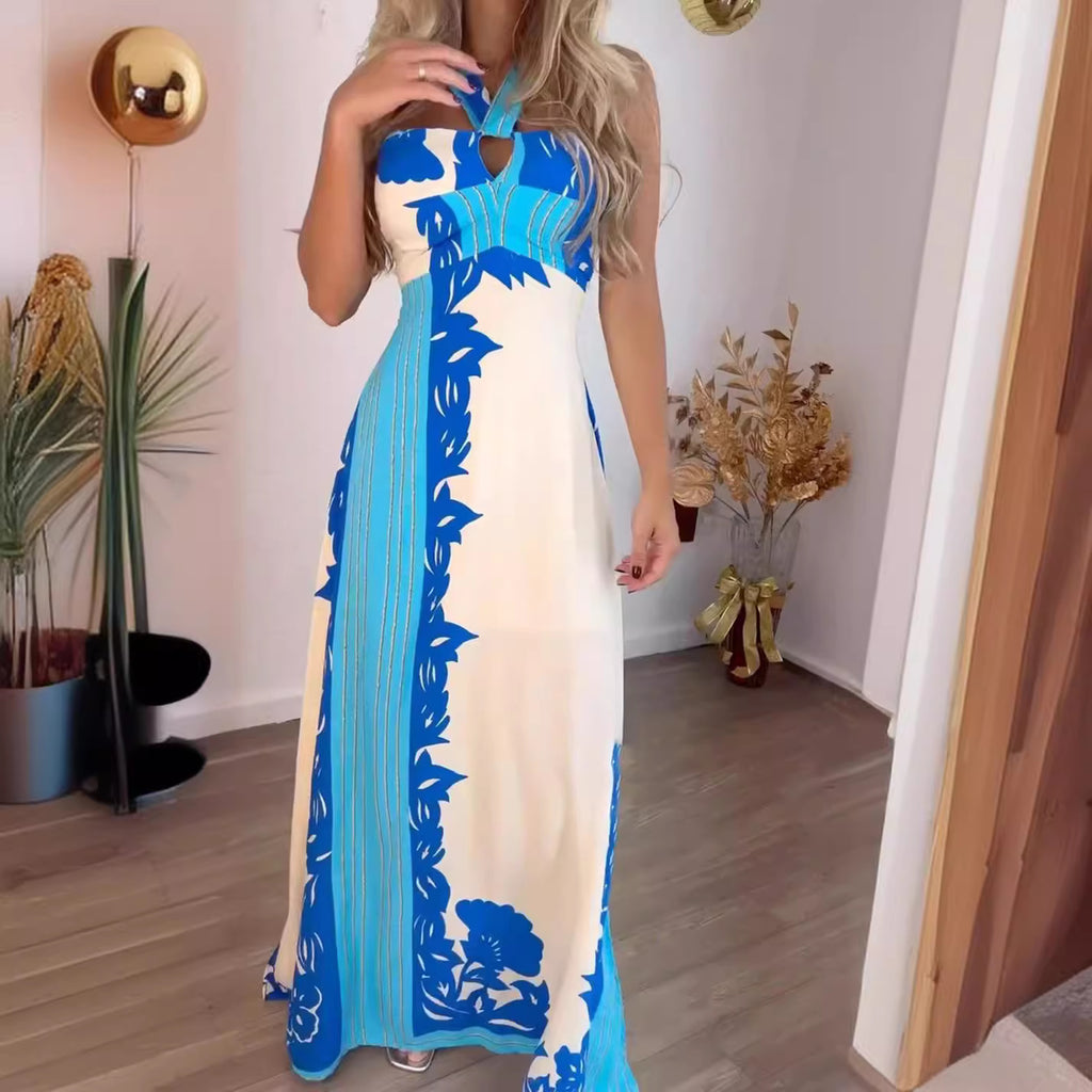 Women Clothing Summer Halter Sexy Color Block Vacation Beach Long Printed Dress