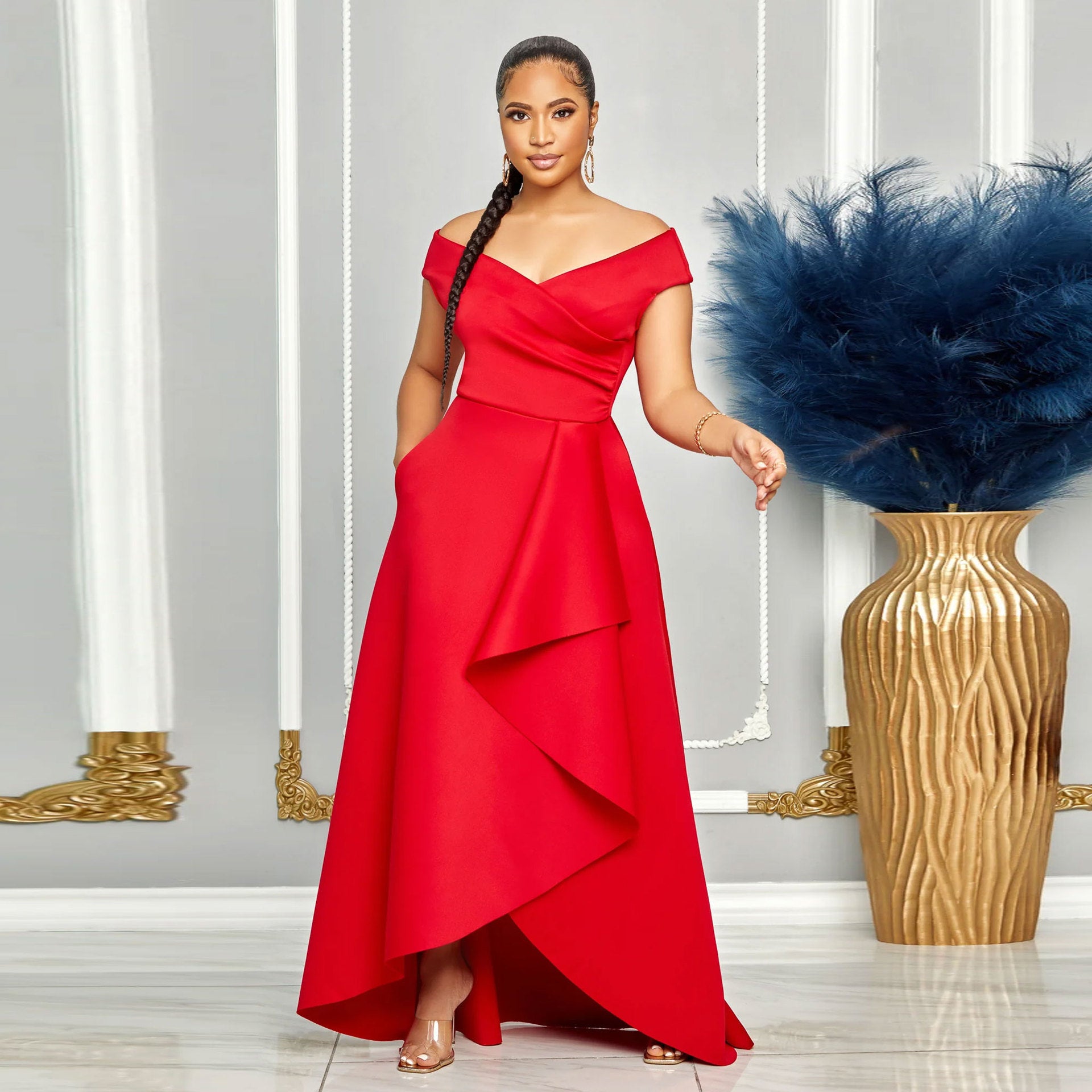 Women Sexy Slim Fit Solid Color off Shoulder Sleeveless Large Swing Dress