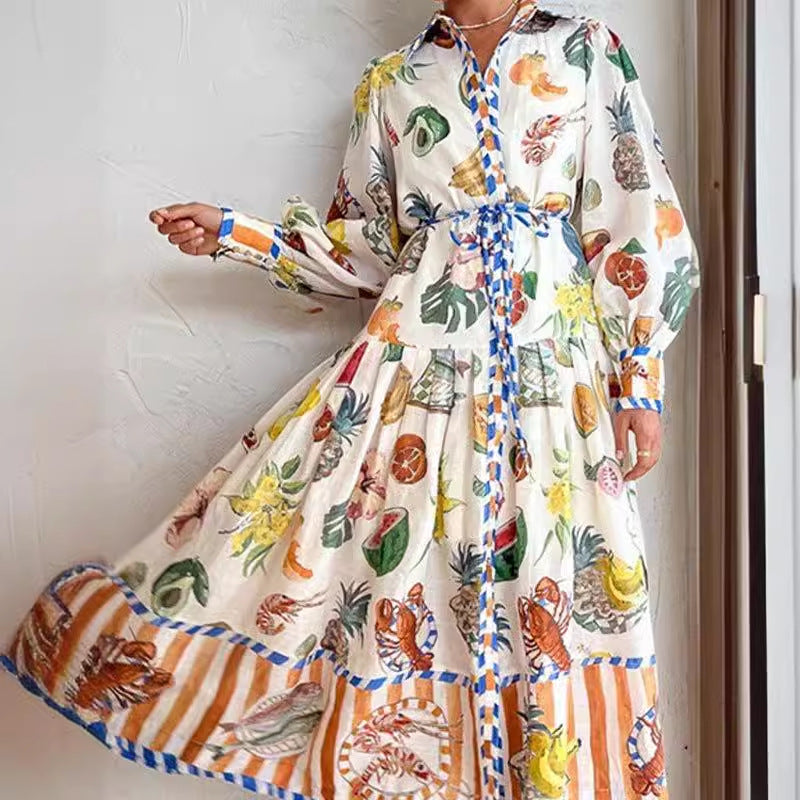 Robe longue élégante à manches lanternes imprimées, col et taille ajustée pour femme