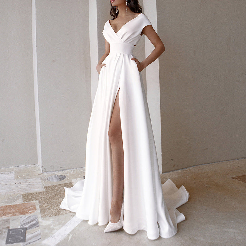 Vestido largo de oficina blanco liso con cintura media, volantes y pecho fruncido