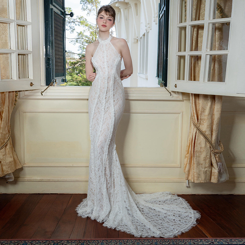 Vestido de novia chino retro de mañana, vestido de novia blanco tipo cheongsam, vestido de noche ajustado.