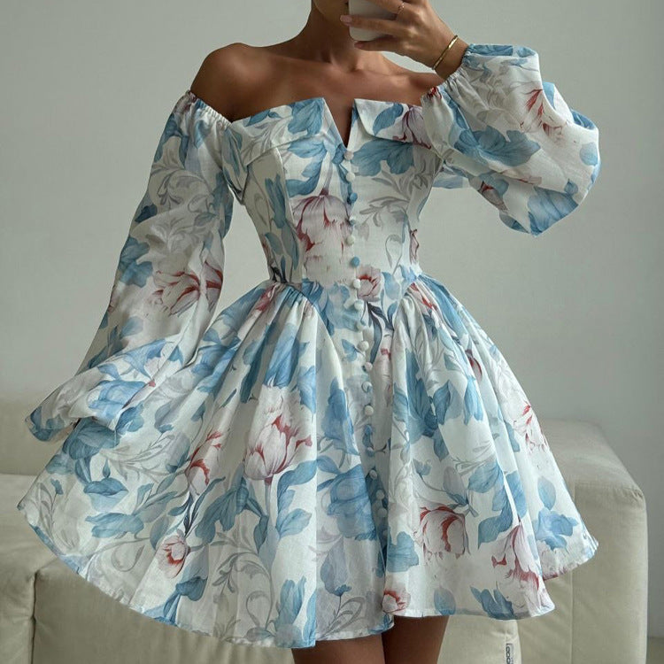 Sexy off Neck Short Print A line Dress Summer Puff Sleeve High Waist Dress Women