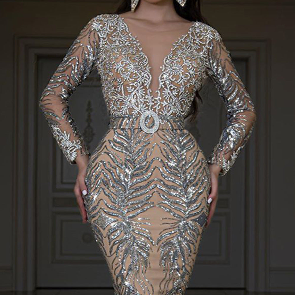 Robe de soirée sexy à manches longues et coupe sirène, effet bronzé, manches longues.
