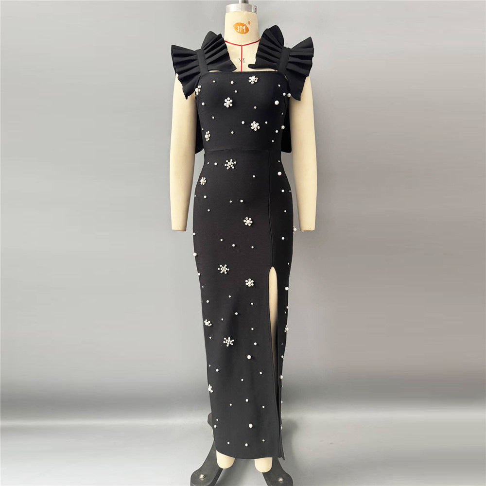 Pleated Lace Beaded Rhinestone Sleeveless Bandage One Piece Dress Socialite Gathering Party Evening Dress