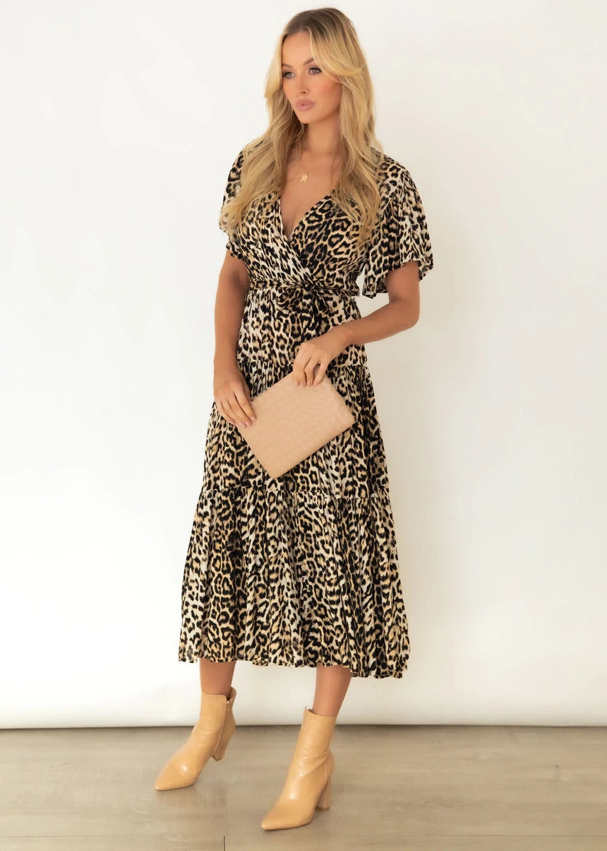 Leopard Print V neck Short Sleeve Belt Pleated Dress for Women