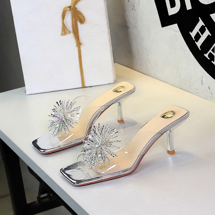 Rhinestone Fireworks Square Toe Open Toe Slippers Women Transparent Slip on Stiletto Heel Outdoor Slippers