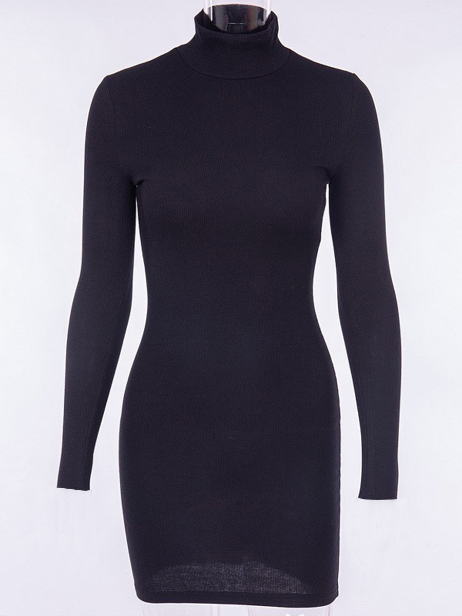 Winter Women Sexy Slim Knit Rib Half High Collar Long Sleeves Short Dress
