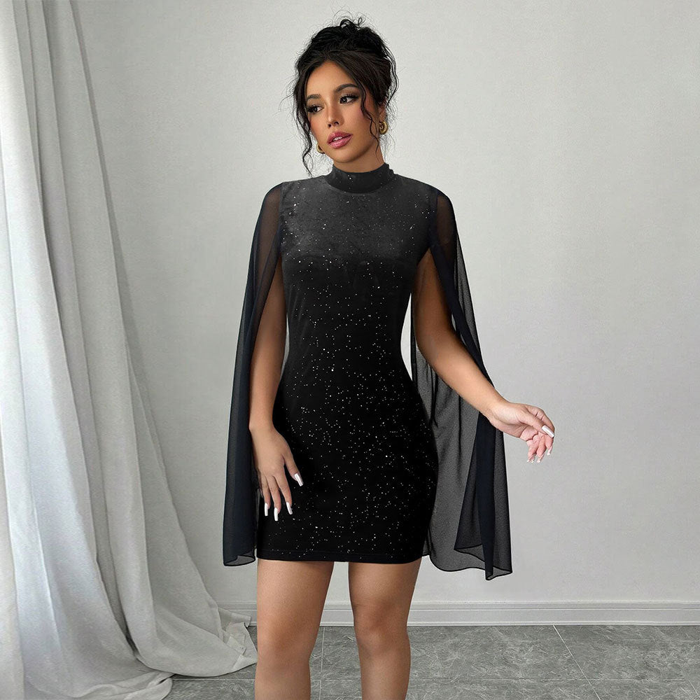 Robe à col roulé pour femme, noire, ornée de strass et de sequins, coupe ajustée, manches courtes, doublure en résille.