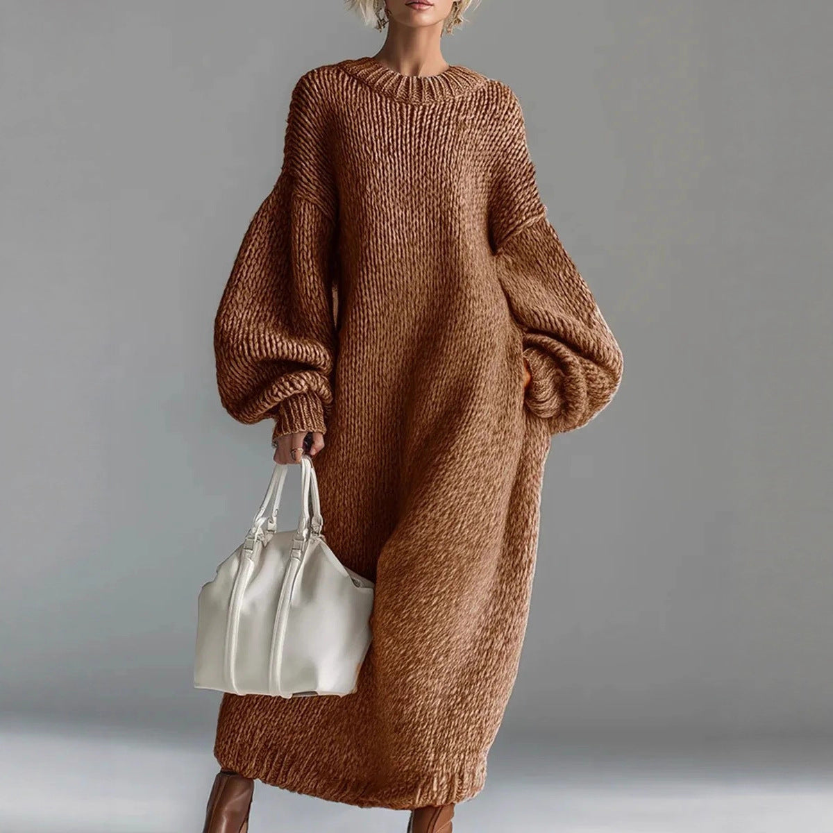 Vestido de punto largo de cuello redondo, manga farol suelta, para mujer