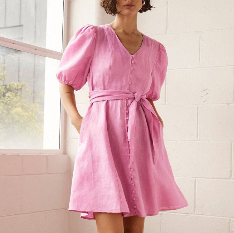 Vestido francés para mujer, escote en V, manga abullonada, botonadura sencilla, con cordones, cintura alta, línea A