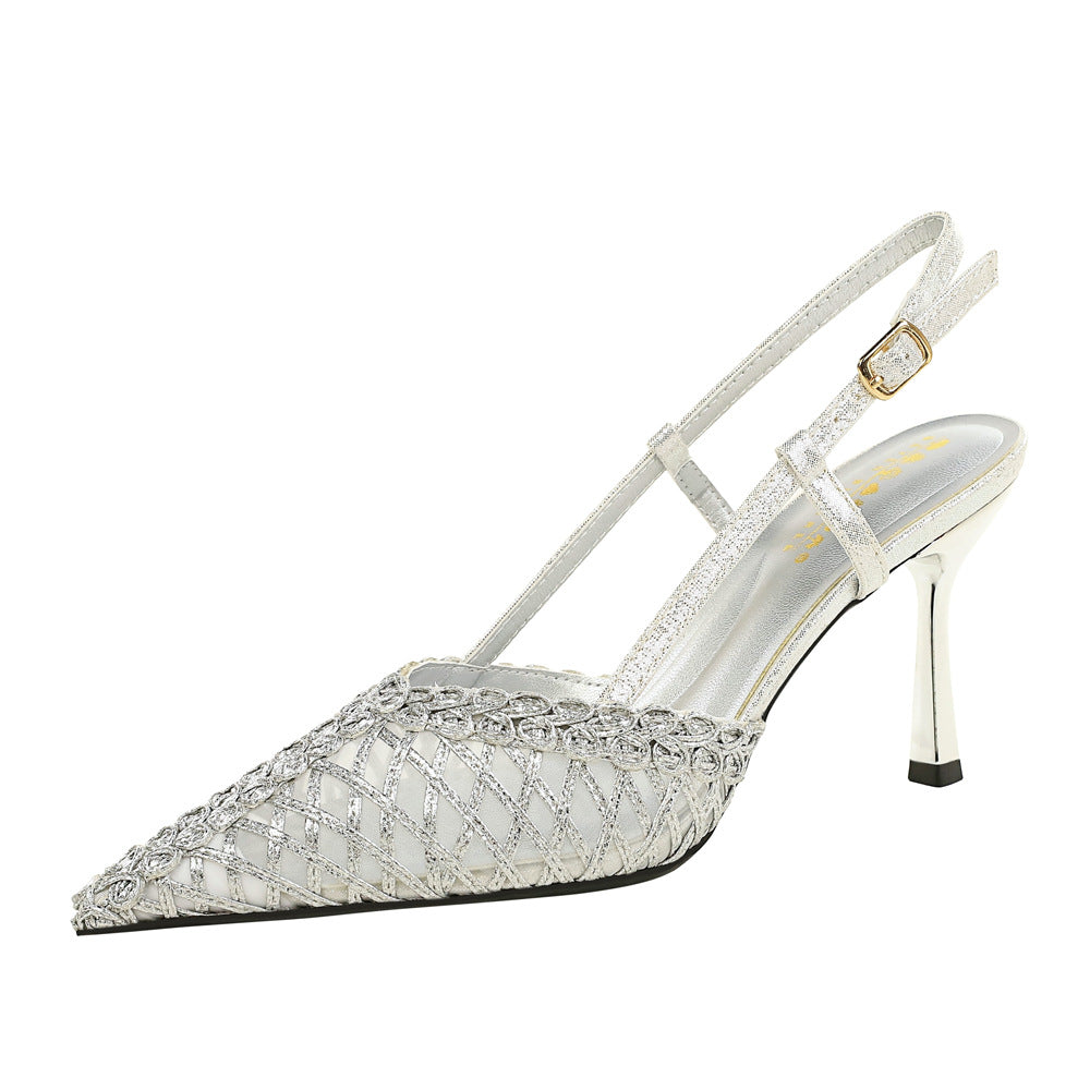 Women Wire Mesh Socialite Women Classy Shoes Pointed Toe Low Cut Ankle Strap Buckle Outdoor Sandals