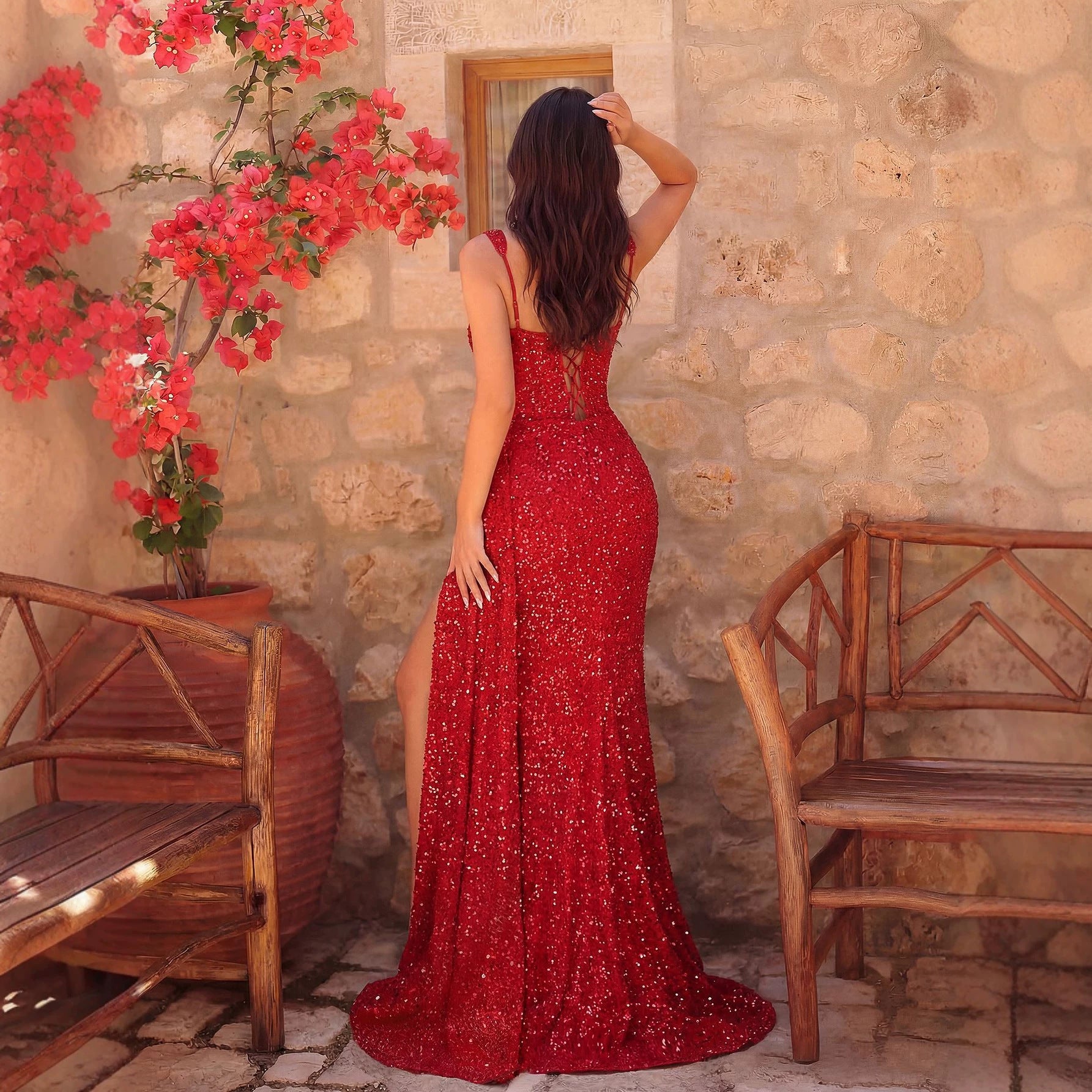 Red Paillette Dress Sleeveless Square Collar High Slit Slimming Dress Wedding Toast Dress