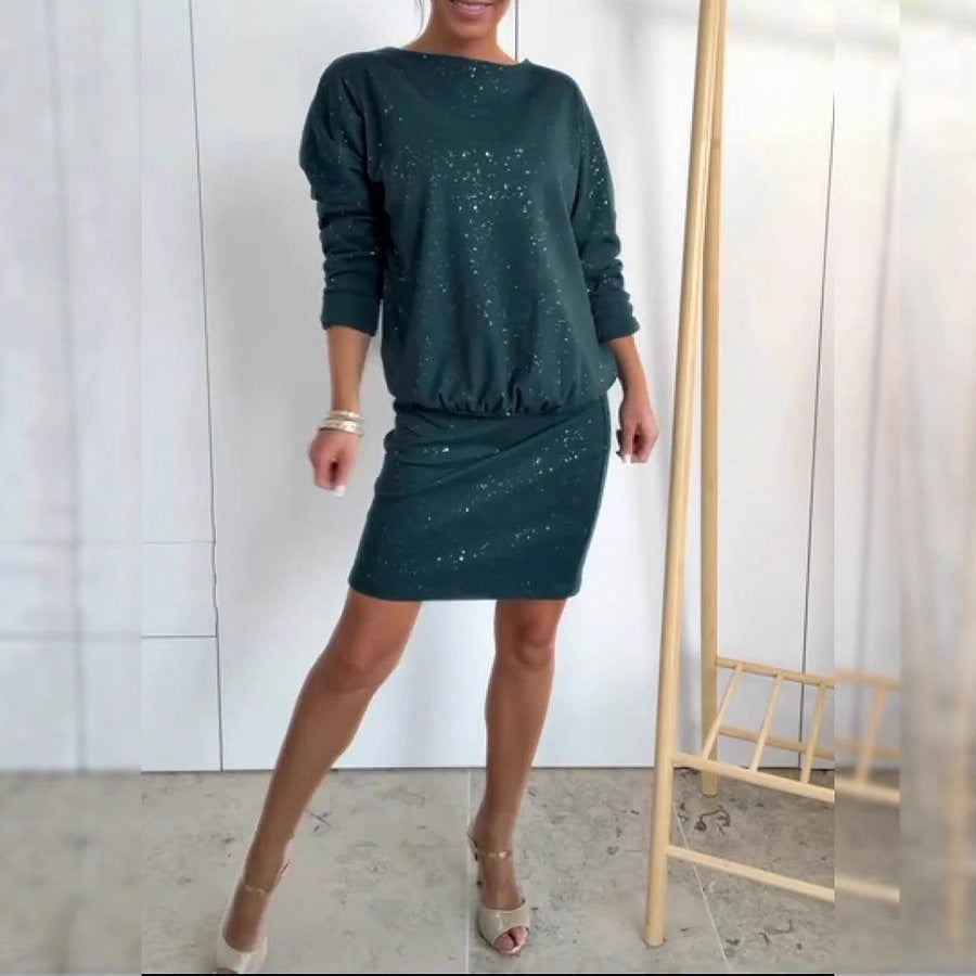 Single Casual Office round Neck Long Sleeve Short Dress