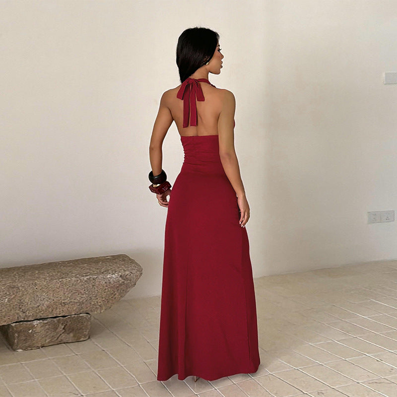 Women Evening Split Halter Party Pleated Dress