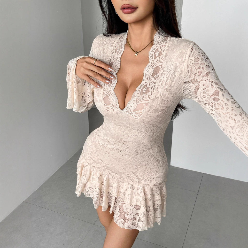 Robe fourreau moulante en dentelle à col en V et double épaisseur à volants, idéale pour l'automne et l'hiver