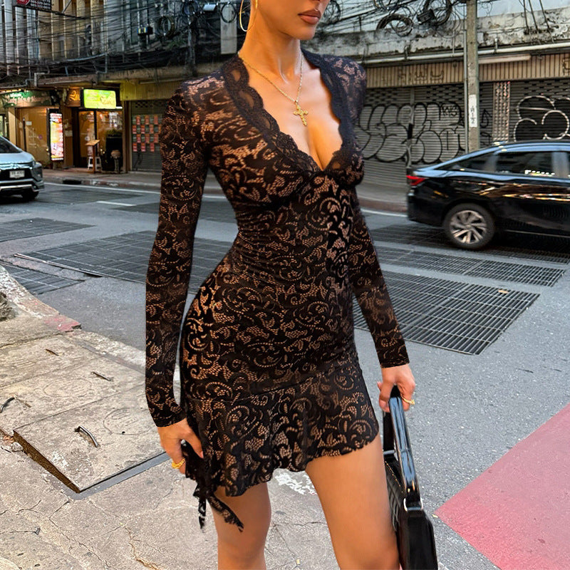 Vestido de otoño para mujer adulta, sexy, con encaje a la cadera, manga larga, dobladillo asimétrico irregular, escote en V profundo