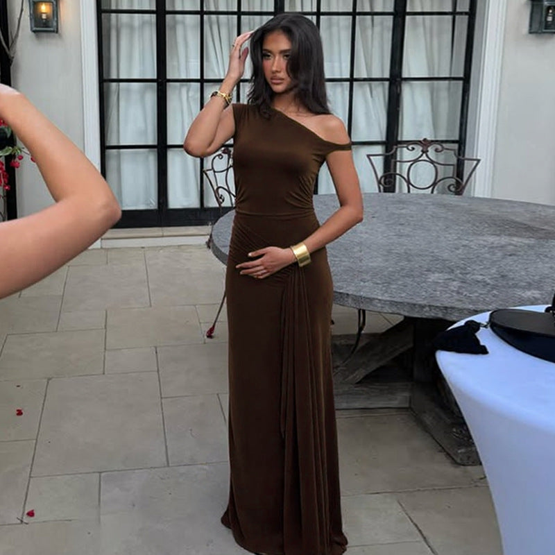 Women Clothing Summer Slim Diagonal Collar Sleeveless Bandage Solid Color Dress Women