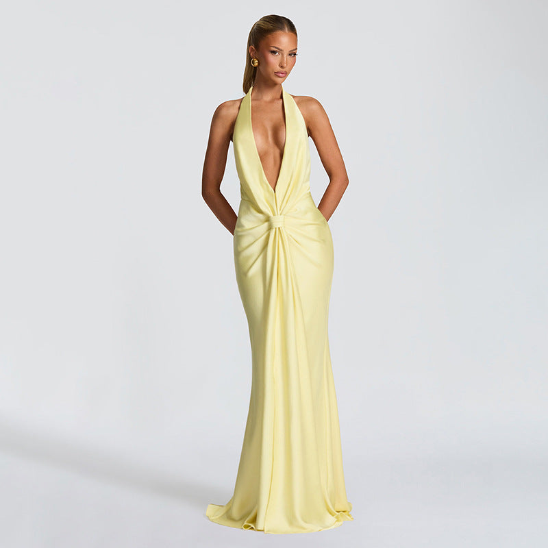 Vestido elegante sexy sin espalda con escote en V profundo y lazo plisado para mujer Otoño Invierno