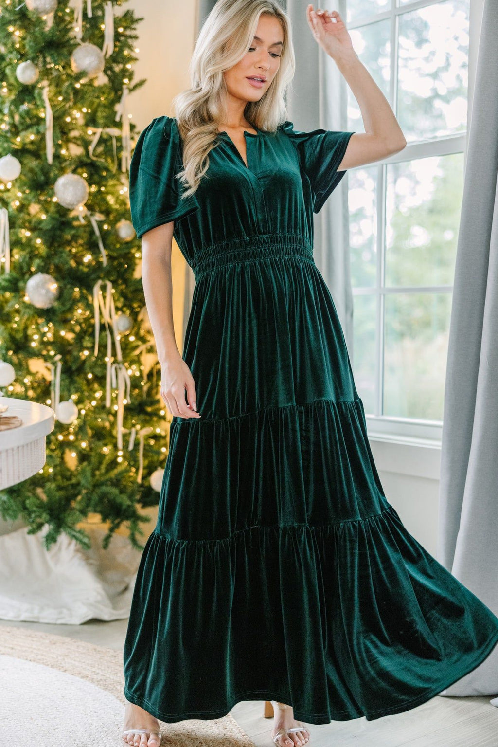 Christmas Velvet Dress for Women Short Sleeve Waist Controlled Pocket Dress Long Large Hem Sexy Dress