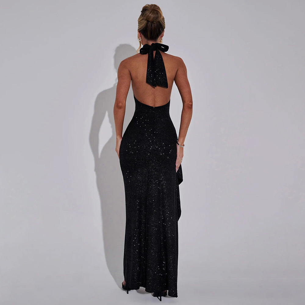 Vestido sexy de otoño para mujer, sin mangas, con cuello halter, espalda descubierta, ajustado y con abertura
