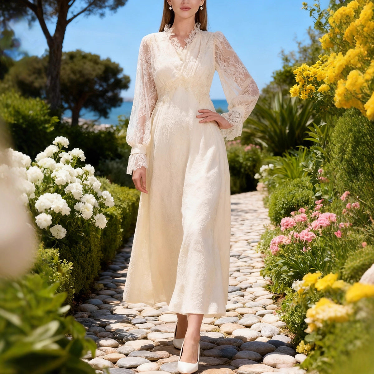 Vestido elegante de otoño con encaje de manga larga y escote en V de gran sensación, vestido adelgazante con cintura controlada para mujer