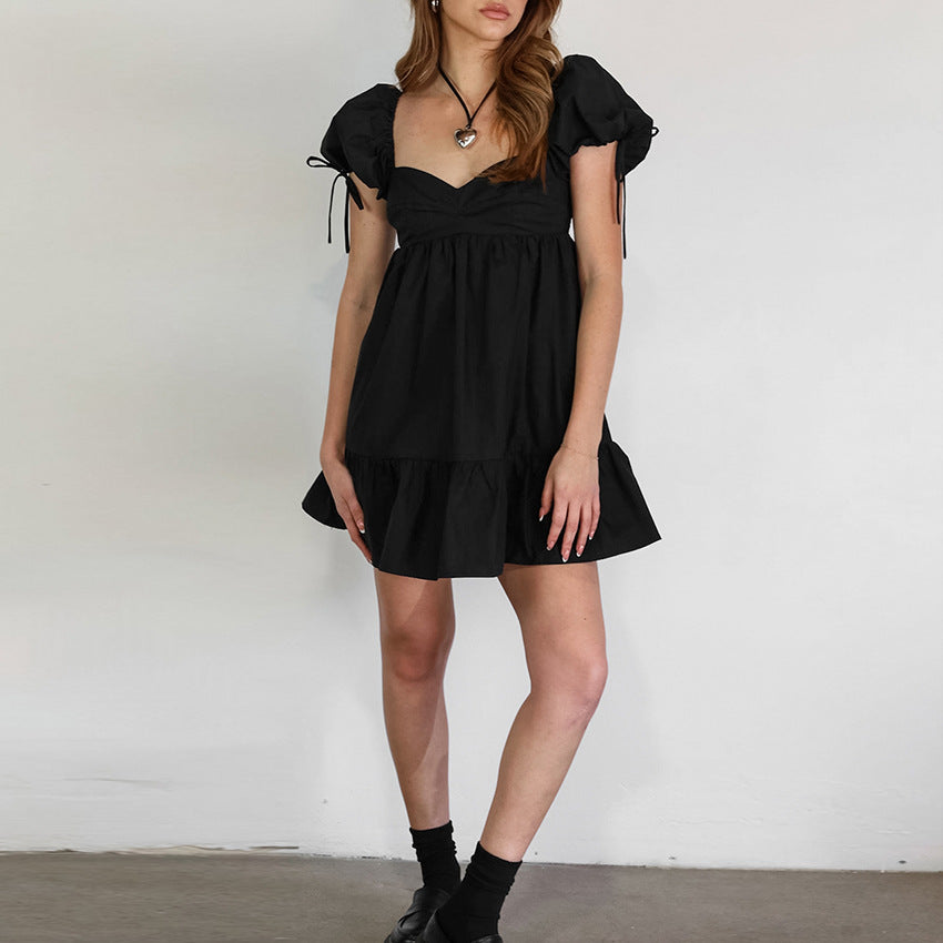 Black Cotton Square Collar Puff Sleeve off Shoulder Dress Summer Office Women Clothing