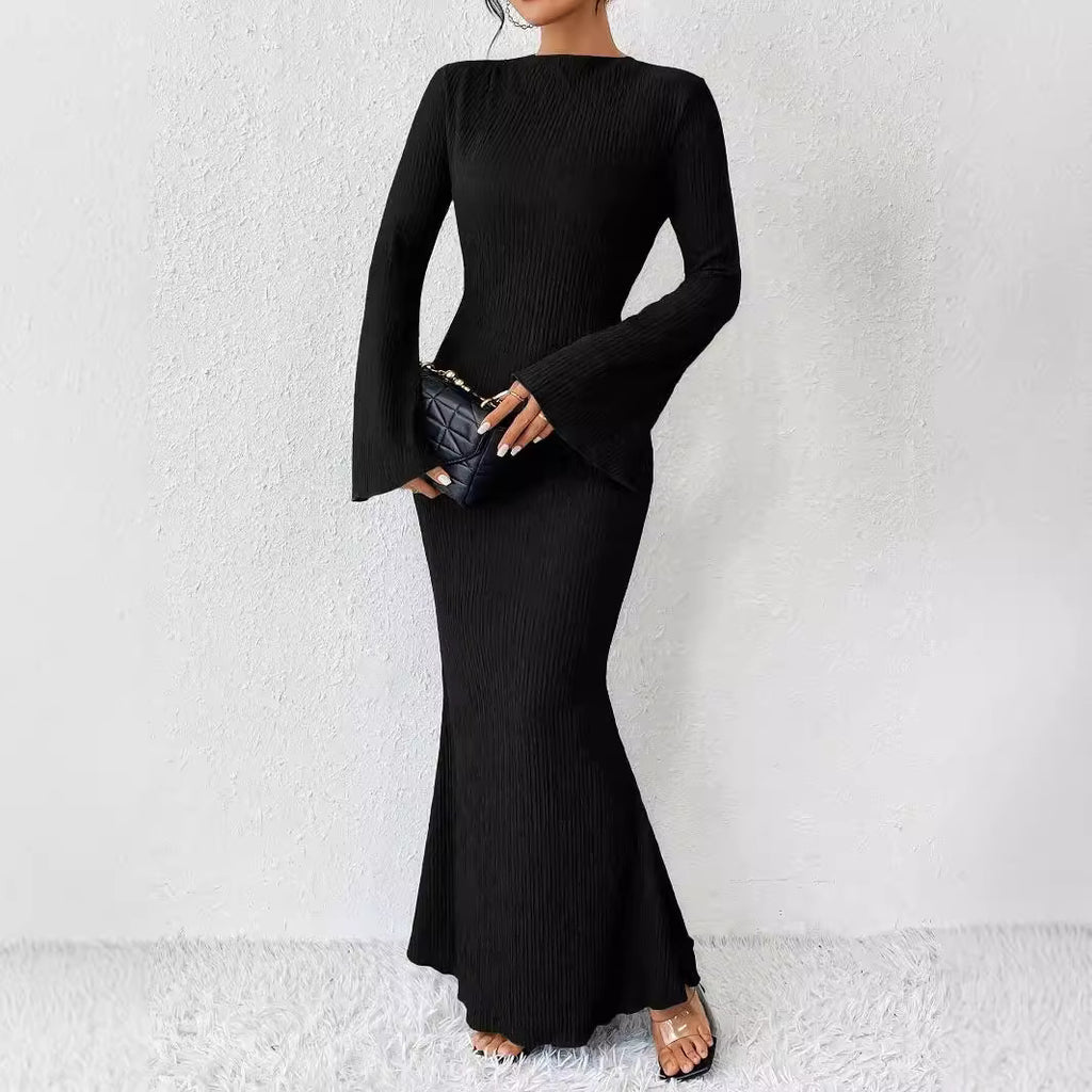 Autumn Winter Women Clothing round Neck Flared Long Sleeve Slim Sheath Dress Women