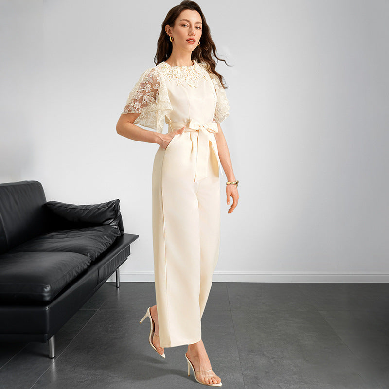 Combinaison d'été élégante pour femme, manches courtes, taille haute, coutures en dentelle et dentelle.
