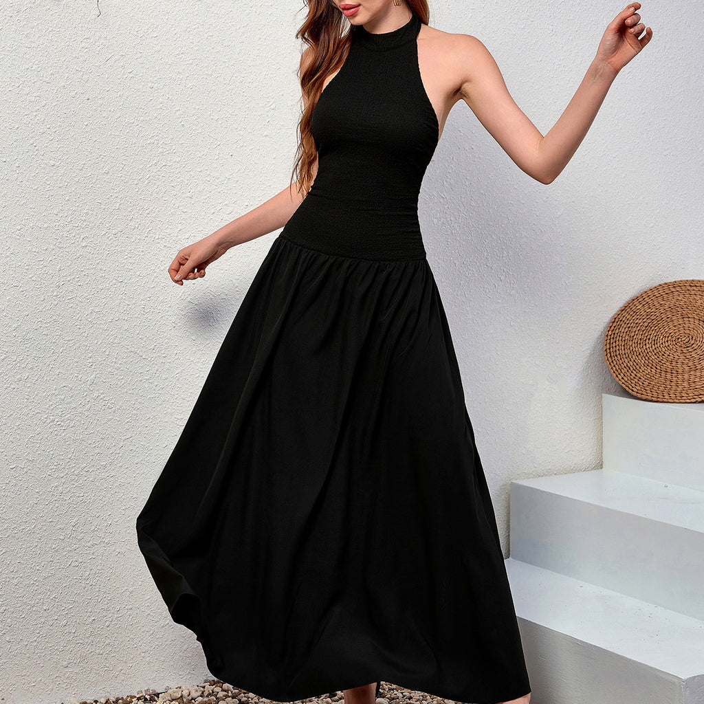 Robe longue élégante en maille dos nu, coupe ajustée et plissée, style trapèze