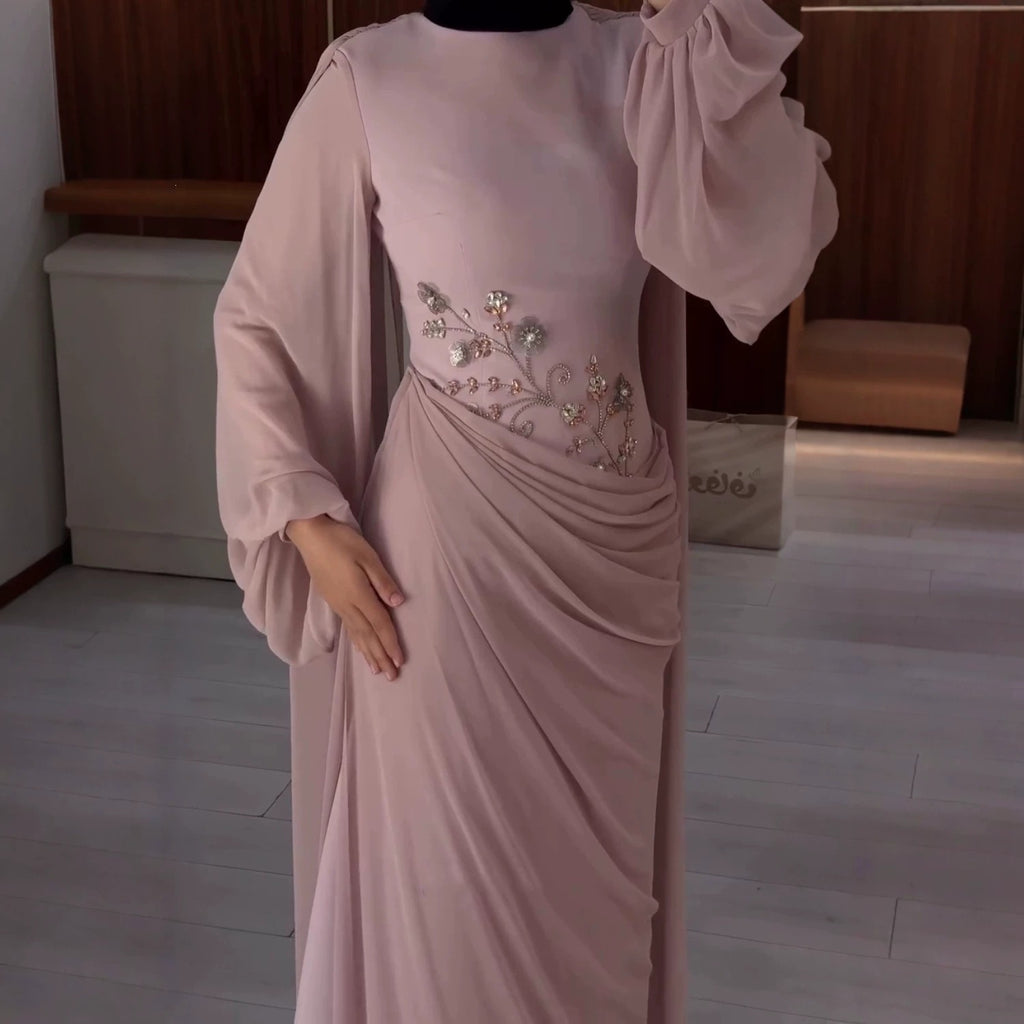 Chiffon Diamond Decorations Floral Long Sleeve Narrow Large Swing Elegant Dress