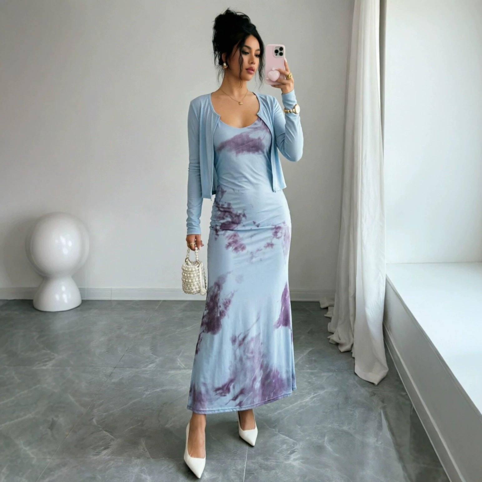 Spring Autumn French Blue Holiday Sexy Wear Slimming Tight Waist Strap Floral Sheath Dress