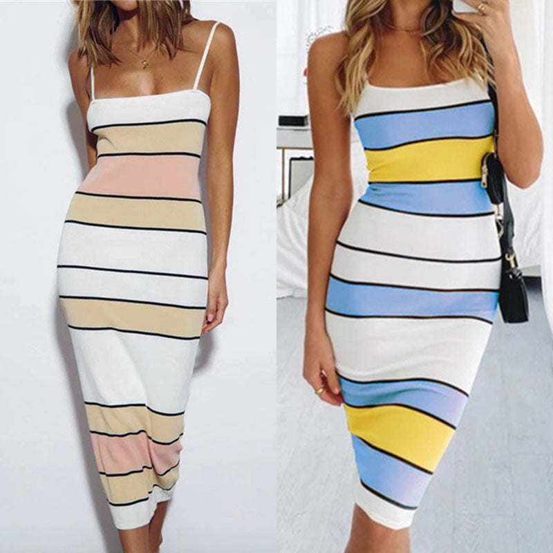 Vestido de verano sexy con tirantes y rayas de colores contrastantes, sin mangas y ajustado.