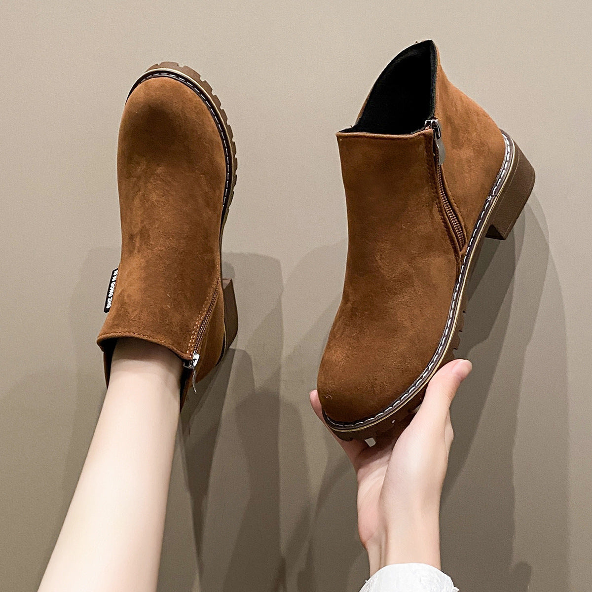 Short Mid Heel Retro Frosted Short Boots Women Thick Heel Flat Side Zipper Martin Boots