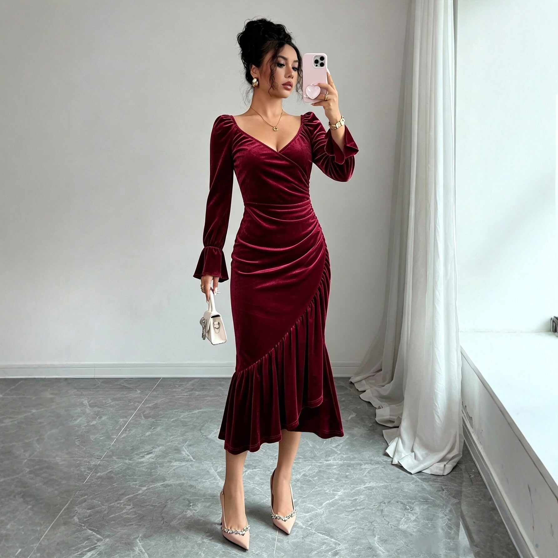 Women Clothing Velvet V neck Dress Autumn Winter Waist Slimming Irregular Asymmetric Fishtail Hip Wrapped Mid Length Dress