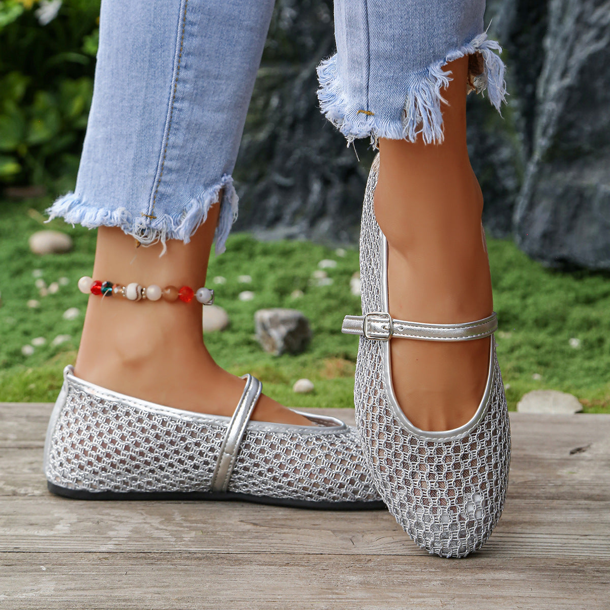 Fishnet Hollow Out Cutout out Ballet Shoes Women Summer Flat Belt Buckle Breathable Shoes